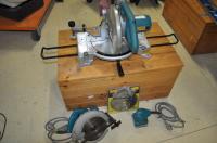 3 x Makita Tools in Wooden Storage Box - Compound Slide Saw LS1060, Circular Saw 50008B with Spare Blade & Sander B04510 